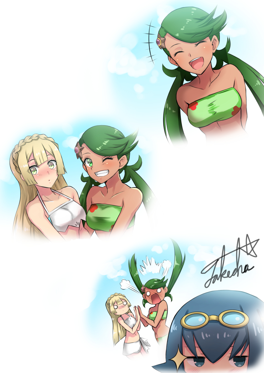 3girls arms_behind_back bare_shoulders bikini blonde_hair blue_eyes blue_hair blush braid closed_eyes closed_mouth clouds cloudy_sky dark_skin goggles goggles_on_head green_eyes green_hair grin hair_ornament highres holding_hands lillie_(pokemon) long_hair low_twintails mallow_(pokemon) multiple_girls nintendo o_o one_eye_closed pokemon scared signature sky smile suiren_(pokemon) swimsuit takecha twintails