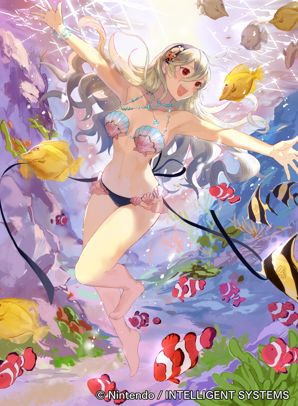 1girl armpits bare_shoulders barefoot bracelet breasts clownfish collarbone commentary_request corrin_(fire_emblem) corrin_(fire_emblem)_(female) fire_emblem fire_emblem_cipher fire_emblem_fates fish freediving grey_hair hair_between_eyes hairband jewelry long_hair manakete mayo_(becky2006) navel official_art open_mouth outstretched_arms pointy_ears red_eyes shell shell_bikini sideboob solo swimming underwater wavy_mouth