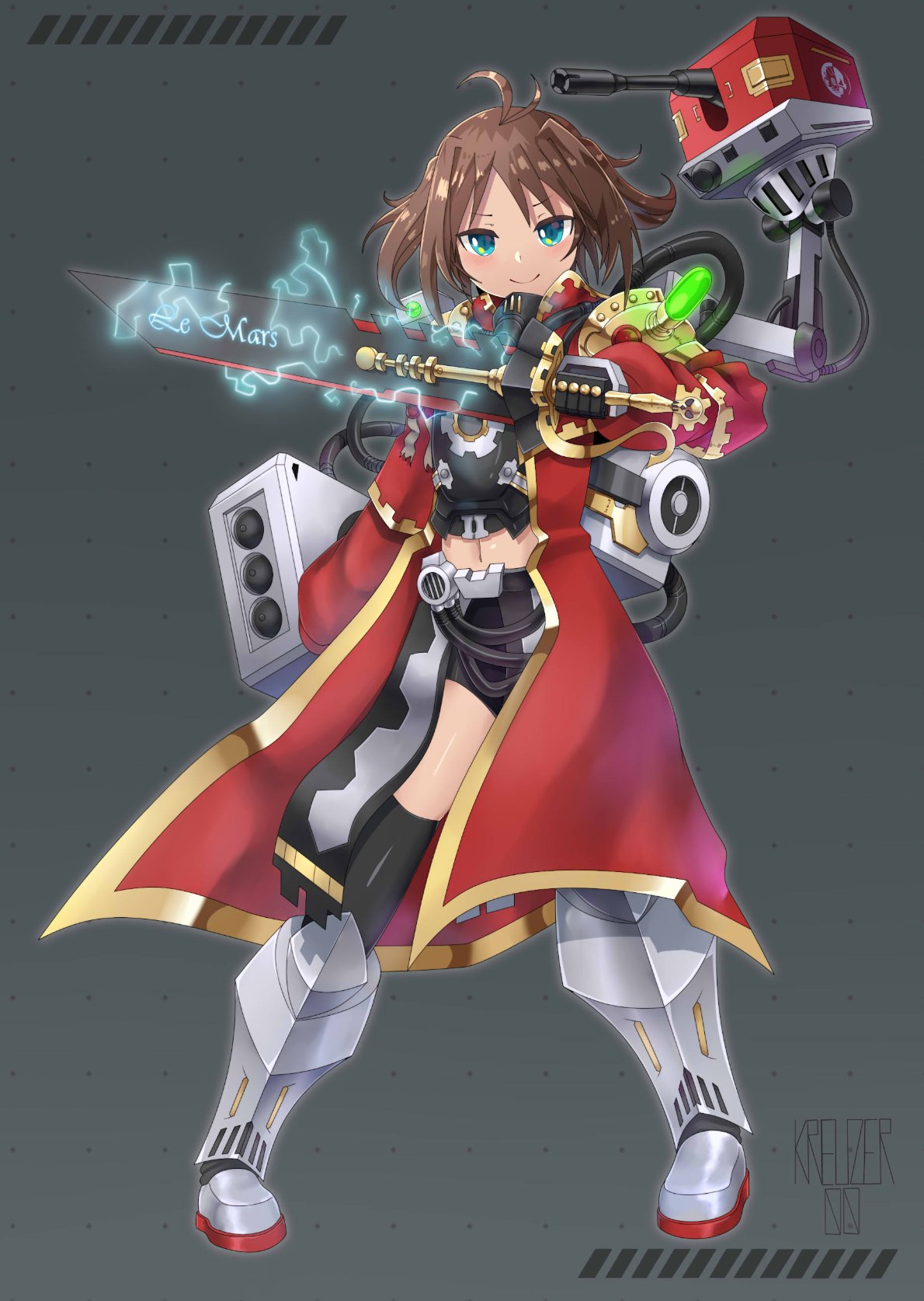 1girl ahoge alternate_costume armored_boots artist_name azur_lane bangs boots brown_hair closed_mouth commentary crossover electricity english_commentary gauntlets green_eyes highres holding holding_sword holding_weapon kreuzer_00 le_mars_(azur_lane) long_sleeves looking_at_viewer midriff navel parted_bangs rigging robe short_hair signature smile solo sword torpedo_launcher torpedo_tubes tube warhammer_40k weapon