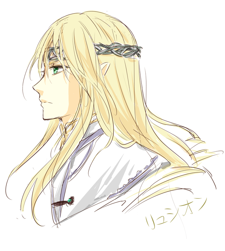 1boy blonde_hair character_name circlet commentary_request cropped_torso fire_emblem fire_emblem:_path_of_radiance from_side green_eyes long_hair male_focus pointy_ears profile reyson_(fire_emblem) sidelocks simple_background sketch takunori_no_soren translated upper_body white_background white_coat