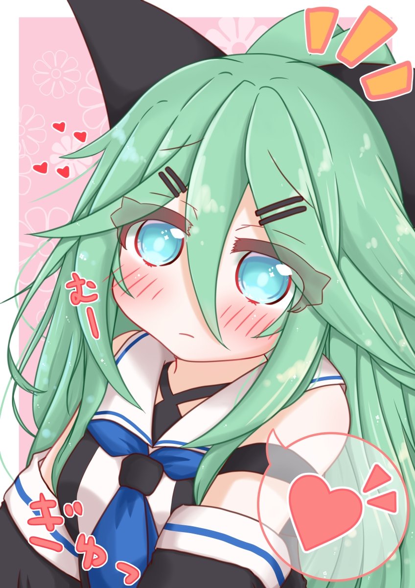 1girl bangs bare_shoulders black_ribbon black_sleeves blue_eyes blue_neckwear blush closed_mouth commentary_request detached_sleeves eyebrows_visible_through_hair floral_background green_hair hair_between_eyes hair_ornament hair_ribbon hairclip heart highres kantai_collection long_hair looking_at_viewer neckerchief notice_lines pink_background ribbon ridy_(ri_sui) sailor_collar shirt sleeveless sleeveless_shirt solo spoken_heart translated two-tone_background white_background white_sailor_collar white_shirt yamakaze_(kantai_collection)