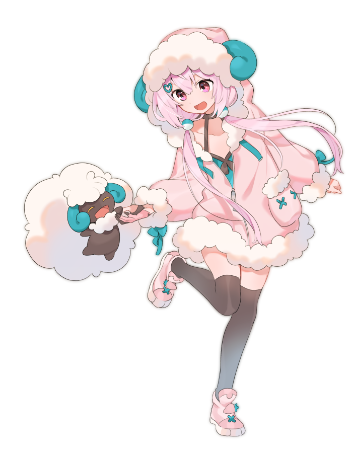 1girl akagashi_hagane alternate_color animal_hood black_legwear camisole commentary dress fake_horns floating full_body fur_trim gen_5_pokemon green_camisole hair_ornament hairclip holding_hands hood horns leg_up long_hair low_twintails open_mouth pink_dress pink_eyes pink_footwear pink_hair pokemon pokemon_(creature) sheep shiny_pokemon shoes short_dress simple_background smile standing standing_on_one_leg thigh-highs tomari_mari tomari_mari_channel twintails unzipped virtual_youtuber whimsicott white_background wool zipper