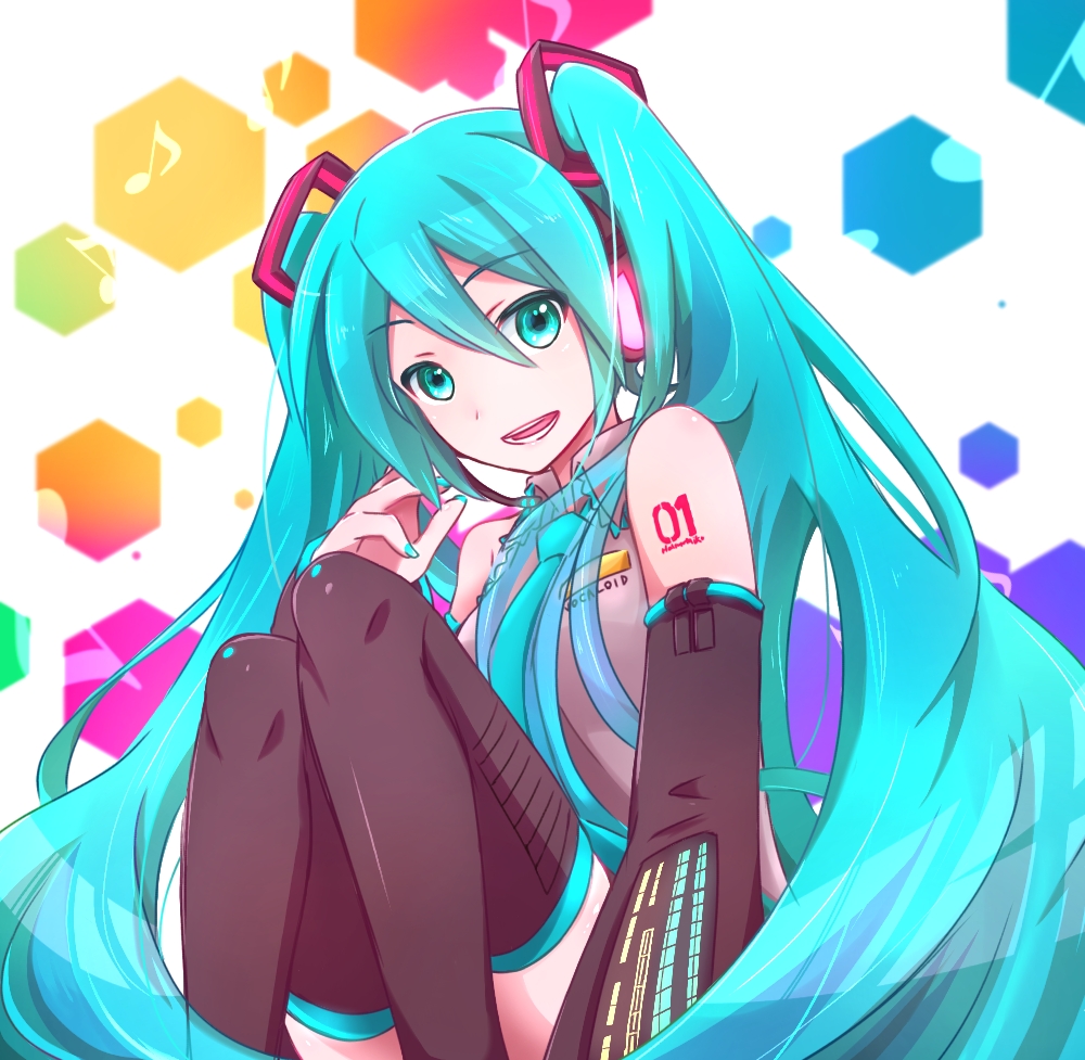 1girl aqua_eyes aqua_hair aqua_nails aqua_neckwear bare_shoulders black_legwear black_skirt black_sleeves commentary detached_sleeves eighth_note grey_shirt hair_ornament hatsune_miku headphones headset hexagon holding holding_microphone kkr_rkgk knees_up long_hair looking_at_viewer microphone musical_note nail_polish necktie open_mouth rainbow_background shirt shoulder_tattoo sitting skirt sleeveless sleeveless_shirt smile solo tattoo thigh-highs twintails very_long_hair vocaloid