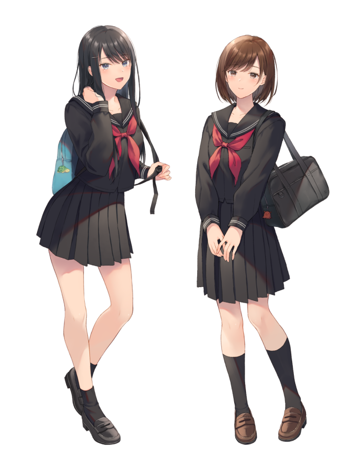 2girls :d bag black_footwear black_hair black_legwear black_sailor_collar black_serafuku black_shirt black_skirt blue_eyes blush brown_eyes brown_footwear brown_hair closed_mouth commentary_request full_body hair_ornament hairclip loafers long_hair long_sleeves looking_at_viewer multiple_girls neckerchief noda_shuha open_mouth original pleated_skirt red_neckwear sailor_collar school_bag school_uniform serafuku shirt shoes simple_background skirt smile socks standing standing_on_one_leg white_background