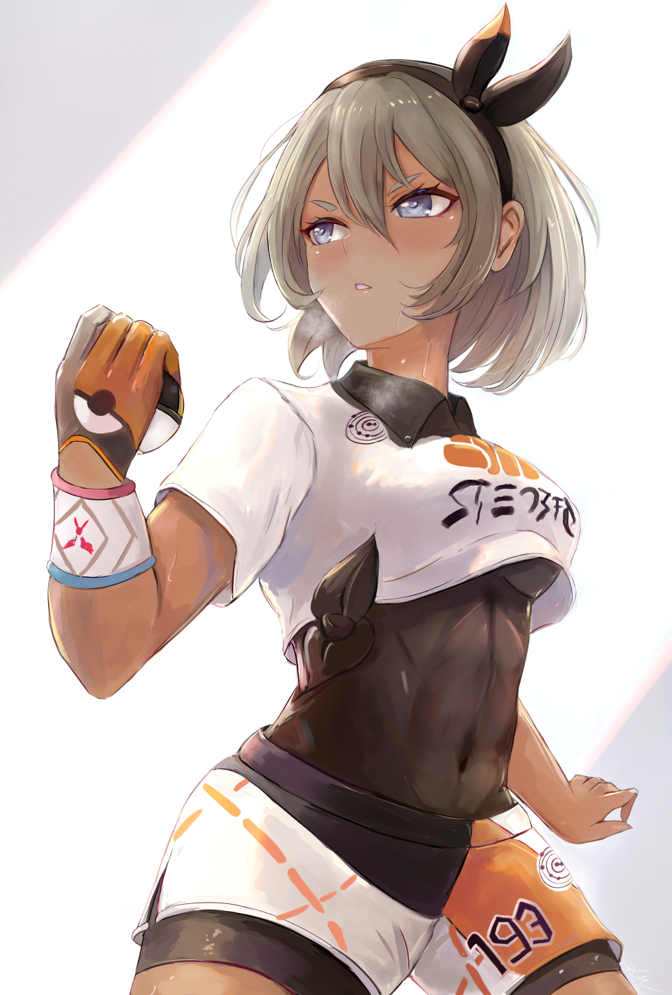 1girl abs bangs black_bodysuit black_hairband black_ribbon blue_eyes bodysuit bodysuit_under_clothes breasts clothes_writing commentary_request covered_navel cowboy_shot crop_top crop_top_overhang dark_skin gloves grey_hair hair_between_eyes hair_ribbon hairband highres holding holding_poke_ball leonmandala medium_breasts orange_gloves poke_ball pokemon pokemon_(game) pokemon_swsh ribbon saitou_(pokemon) short_hair short_sleeves shorts single_glove skin_tight solo sweat sweatband ultra_ball v-shaped_eyebrows
