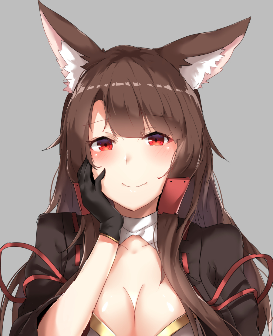 1girl akagi_(azur_lane) animal_ear_fluff animal_ears azur_lane bangs black_kimono blush breasts brown_hair cleavage_cutout eyeliner eyeshadow fox_ears fox_girl hand_on_own_face japanese_clothes kimono long_hair makeup neko_pachi red_eyes solo