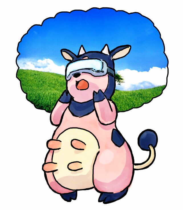 commentary cow field full_body gen_2_pokemon grass head_mounted_display miltank no_humans open_mouth pokemon pokemon_(creature) standing udder yashiro_shouyu