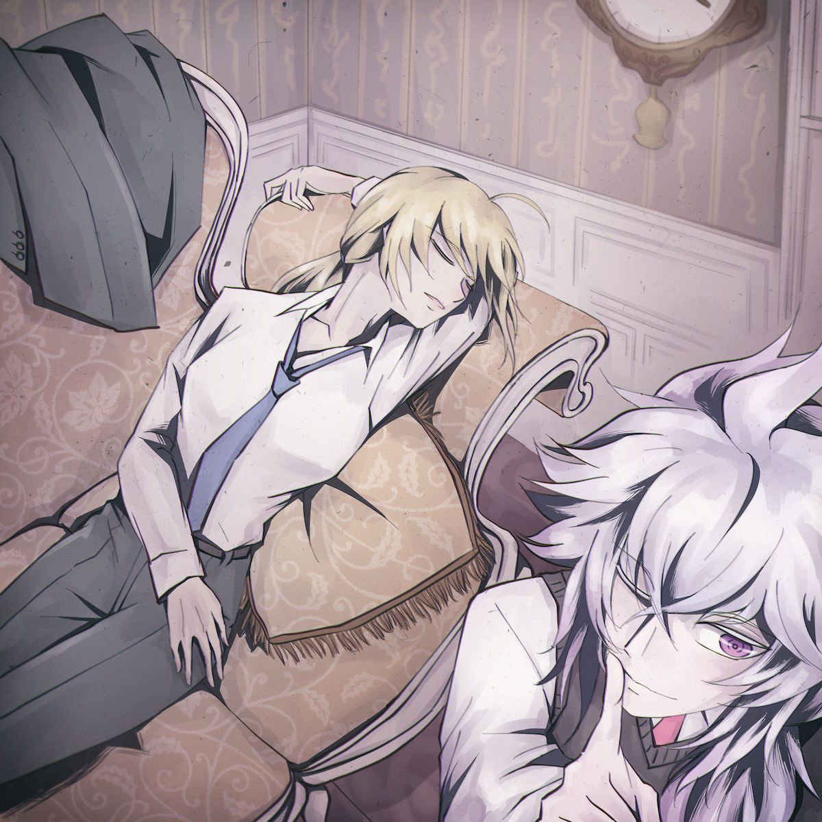 1b 1boy 1girl ahoge arm_pillow artoria_pendragon_(all) blonde_hair blue_neckwear couch dress_shirt fate/apocrypha fate/grand_order fate_(series) finger_to_mouth grey_hair highres jacket jacket_removed merlin_(fate) necktie on_couch one_eye_closed pants ponytail saber shirt short_hair shushing sleeping tsushima_touko violet_eyes