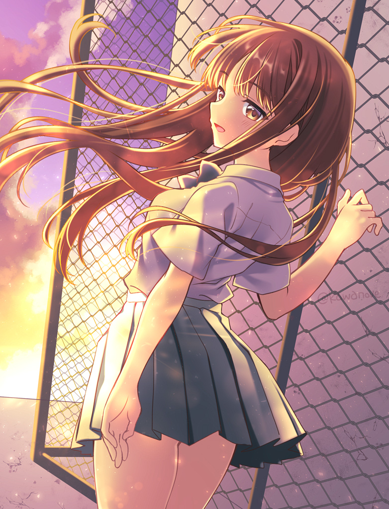 1girl black_skirt brown_eyes brown_hair clouds kawanobe long_hair looking_at_viewer looking_back original pleated_skirt rooftop school_uniform shirt short_sleeves skirt solo standing twilight twitter_username white_shirt