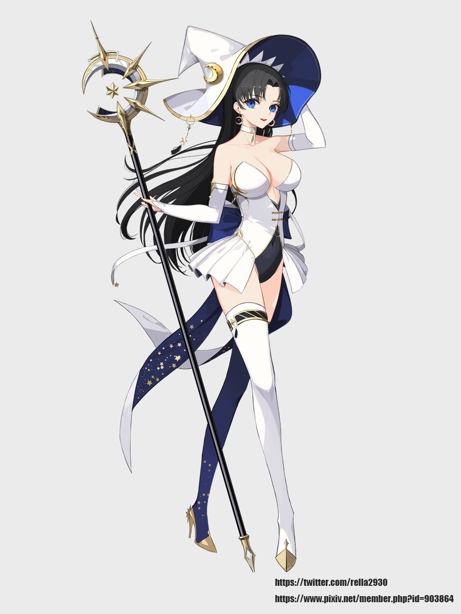 1girl :d akai2930 artist_name asymmetrical_legwear black_hair blue_eyes boots breasts choker detached_sleeves earrings eyebrows_visible_through_hair full_body gold_trim grey_background hand_on_headwear hat high_heels highres holding holding_staff jewelry large_breasts long_hair looking_at_viewer moon_(ornament) open_mouth original smile solo staff star star_print thigh-highs thigh_boots white_headwear wizard wizard_hat