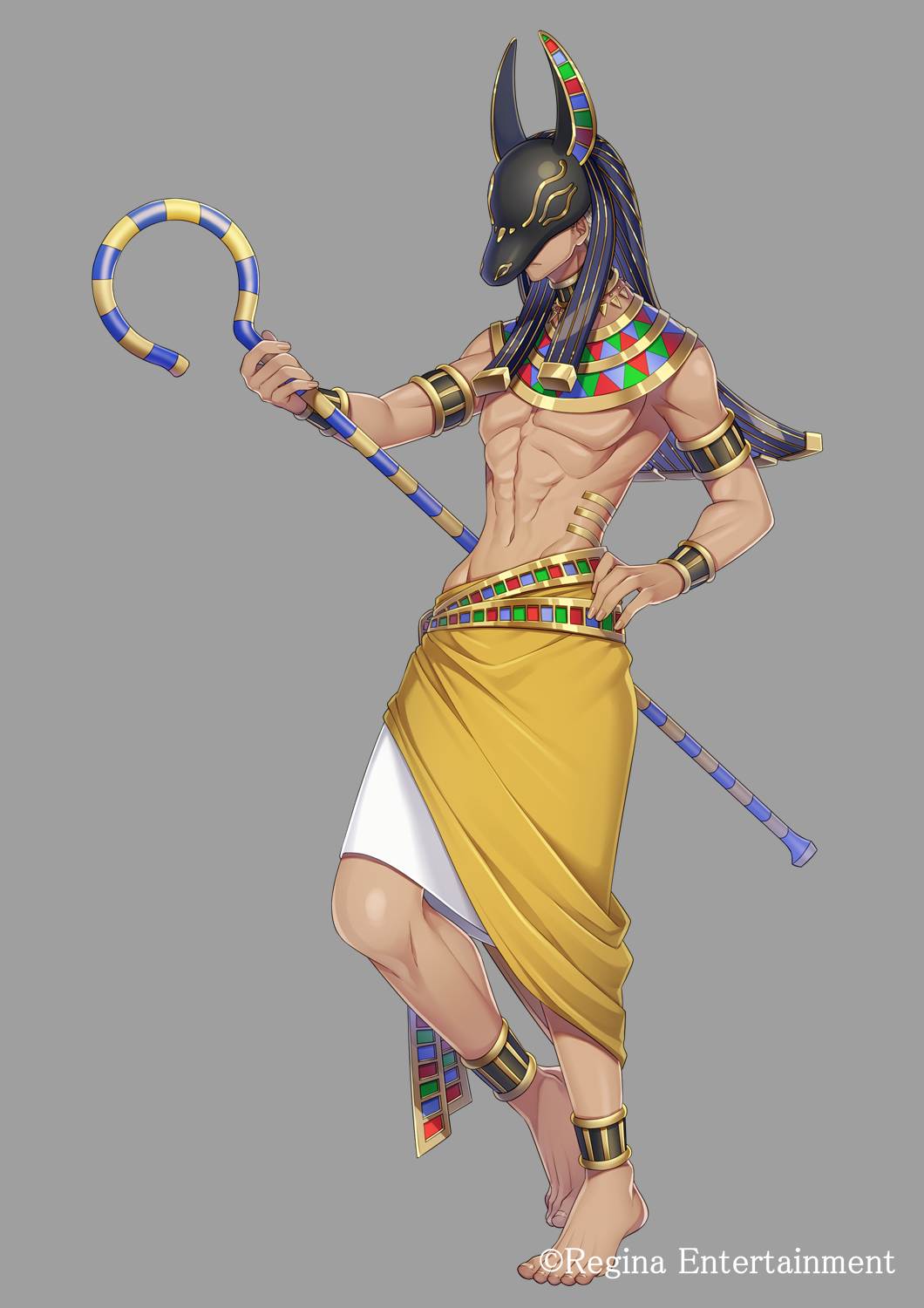 1boy barefoot commentary_request dark_skin egyptian egyptian_clothes full_body grey_background highres holding holding_staff navel official_art original pharaoh simple_background skirt solo staff tagme takamiya_ren white_skirt yellow_skirt