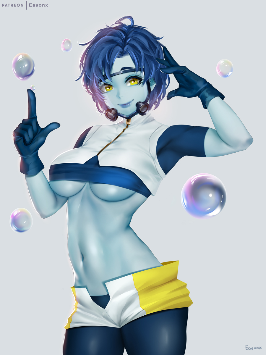 arm_up artist_name blue_gloves blue_hair blue_legwear blue_lips blue_skin boku_no_hero_academia breasts bubble_girl closed_mouth commentary_request crop_top easonx gloves grey_background highres hydrokinesis index_finger_raised large_breasts legwear_under_shorts looking_at_viewer messy_hair navel pantyhose short_hair shorts simple_background smile stomach two-tone_shorts under_boob water yellow_eyes zipper zipper_pull_tab