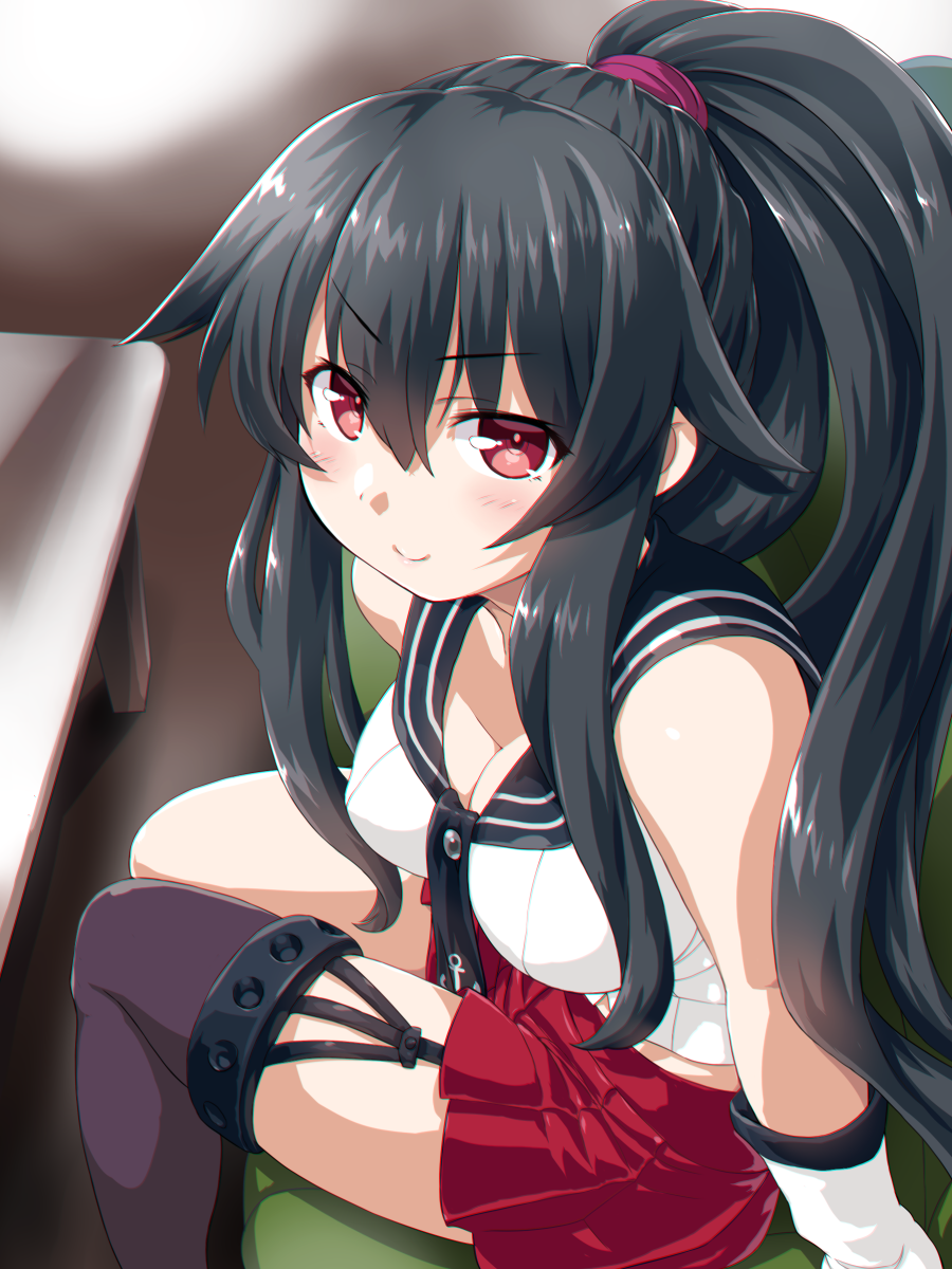 1girl asymmetrical_legwear black_hair blush breasts closed_mouth couch dd_(ijigendd) eyebrows_visible_through_hair garter_straps gloves hair_between_eyes highres kantai_collection large_breasts long_hair looking_at_viewer midriff necktie on_couch pleated_skirt ponytail red_eyes school_uniform serafuku sidelocks single_thighhigh sitting skirt smile solo table thigh-highs white_gloves yahagi_(kantai_collection)