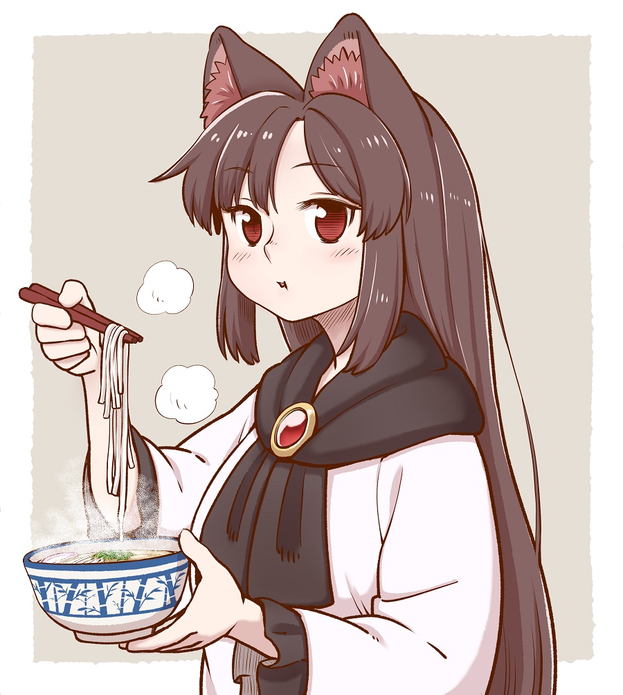 1girl animal_ear_fluff animal_ears bangs blush border bowl brooch brown_hair chopsticks commentary_request dress eyebrows_visible_through_hair food frilled_sleeves frills grey_background hand_up holding holding_bowl holding_chopsticks imaizumi_kagerou jewelry long_hair long_sleeves looking_at_viewer noodles outside_border parted_lips poronegi ramen red_eyes sidelocks simple_background solo steam touhou upper_body white_border white_dress wide_sleeves wolf_ears