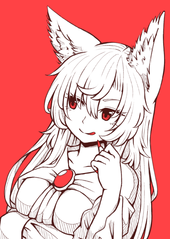 1girl :q animal_ear_fluff animal_ears bangs breasts collarbone commentary dress eyelashes hair_between_eyes hand_up imaizumi_kagerou limited_palette long_hair long_sleeves medium_breasts nail_polish red_background red_eyes red_nails simple_background solo spot_color tongue tongue_out touhou upper_body wolf_ears wool_(miwol)