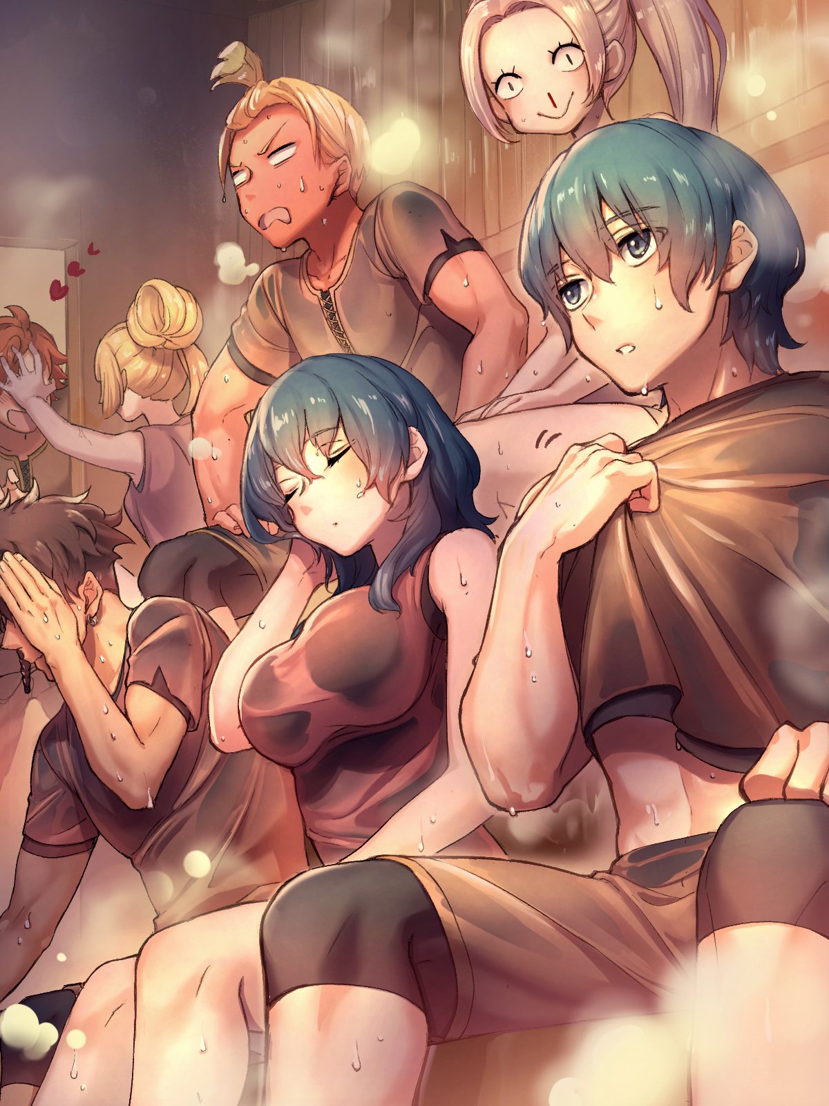 3girls 4boys abs alternate_costume alternate_hairstyle bangs bare_legs blonde_hair blood blue_eyes blue_hair blush braid breasts brown_hair byleth_(fire_emblem) byleth_eisner_(female) byleth_eisner_(male) claude_von_riegan closed_eyes dimitri_alexandre_blaiddyd dress earrings edelgard_von_hresvelg eyebrows_visible_through_hair fire_emblem fire_emblem:_three_houses forehead hair_between_eyes hair_bun hand_in_hair hand_on_another's_face hand_on_own_face heart highres hot ingrid_brandl_galatea jewelry large_breasts medium_hair midriff moyashi_mou2 multiple_boys multiple_girls navel nosebleed open_mouth orange_hair parted_bangs ponytail red_skin sauna shirt shirt_tug short_hair short_sleeves shorts side_braid silver_hair sitting sleeveless sleeveless_dress slit_pupils steam sweat sylvain_jose_gautier taut_clothes topknot