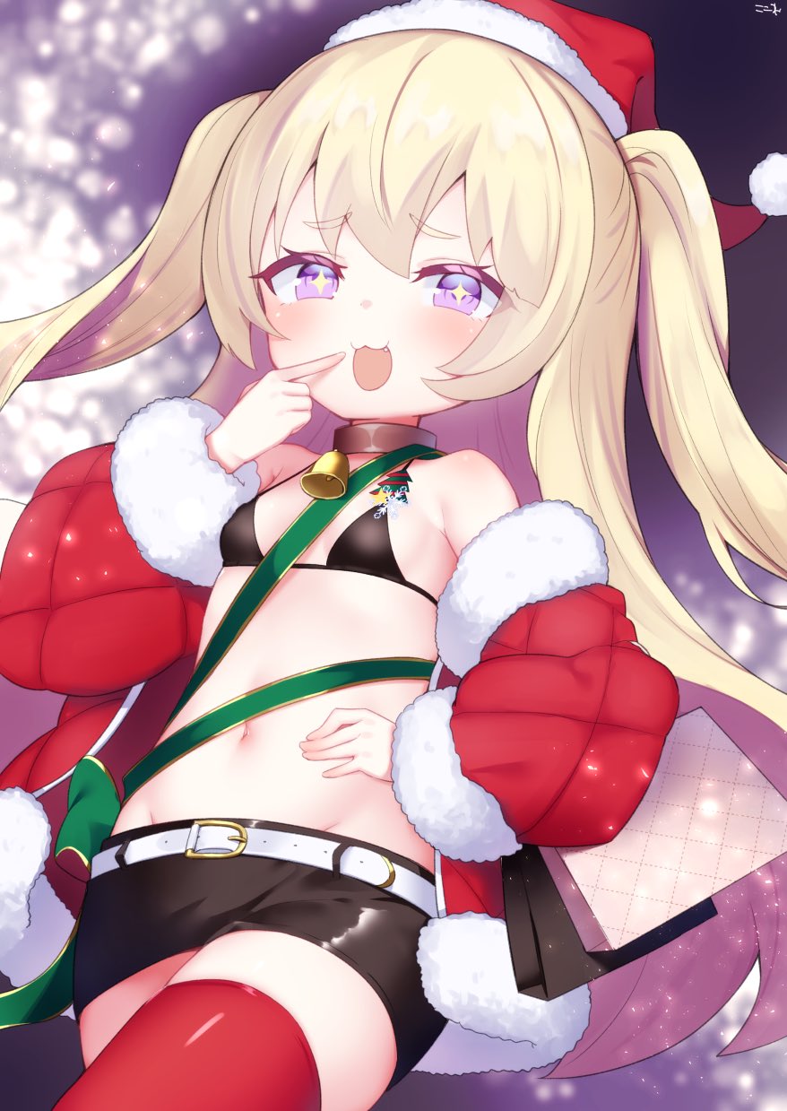 +_+ 1girl :3 :d azur_lane bag bangs bell bell_collar belt belt_buckle bikini_top black_bikini_top black_skirt blonde_hair blush breasts brown_collar buckle collar commentary_request eyebrows_visible_through_hair fang fur-trimmed_hat fur-trimmed_jacket fur-trimmed_sleeves fur_trim groin hand_on_hip hat highres jacket koko_ne_(user_fpm6842) long_hair long_sleeves looking_at_viewer navel off_shoulder open_clothes open_jacket open_mouth puffy_long_sleeves puffy_sleeves red_headwear red_jacket red_legwear santa_hat signature skirt small_breasts smile solo thigh-highs two_side_up very_long_hair violet_eyes white_belt