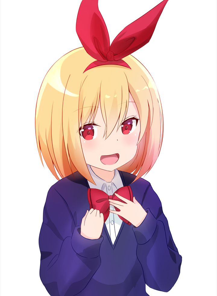 1girl :d bangs blonde_hair blue_sweater blush bow brown_hair collared_shirt commentary_request derivative_work dress_shirt eyebrows_visible_through_hair gradient_hair hair_between_eyes hair_ribbon hands_up kokura_hikari long_sleeves multicolored_hair open_mouth red_bow red_eyes red_ribbon ribbon rifle_is_beautiful shirt simple_background sleeves_past_wrists smile solo sweater upper_body white_background white_shirt yutsuki_warabi