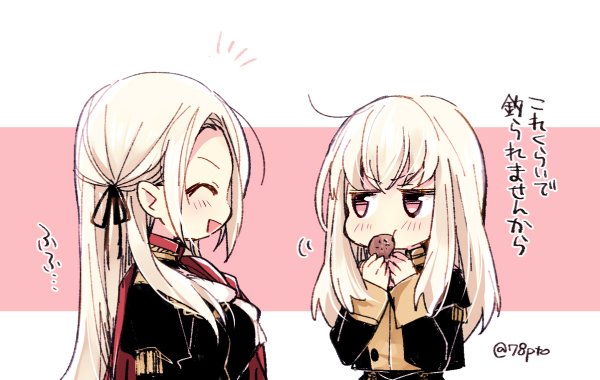 2girls cape closed_eyes cookie cute eating edelgard_von_hresvelg fire_emblem fire_emblem:_three_houses fire_emblem:_three_houses food from_side garreg_mach_monastery_uniform hair_ribbon intelligent_systems koei_tecmo loli long_hair long_sleeves lysithea_von_ordelia moe multiple_girls naho_(pi988y) nintendo open_mouth pink_eyes red_cape ribbon simple_background teenage tsundere twitter_username uniform upper_body white_hair young_adult