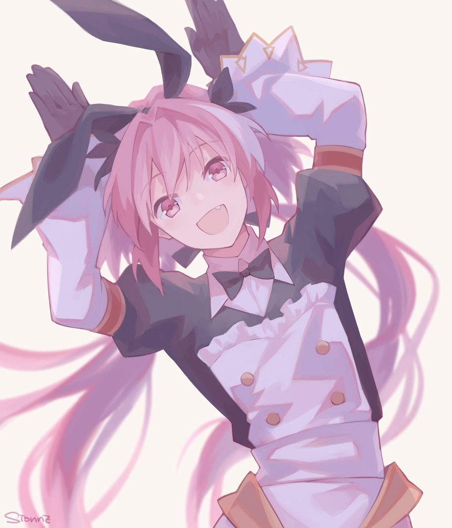 1boy astolfo_(fate) astolfo_(saber)_(fate) bangs black_bow black_gloves black_ribbon blush bow bowtie commentary_request dress eyebrows_visible_through_hair fang fate/grand_order fate_(series) gloves hair_bow hair_intakes hair_ribbon long_hair long_sleeves looking_at_viewer multicolored_hair otoko_no_ko pink_hair ribbon simple_background sionne7724 smile solo streaked_hair twintails very_long_hair violet_eyes white_background white_hair