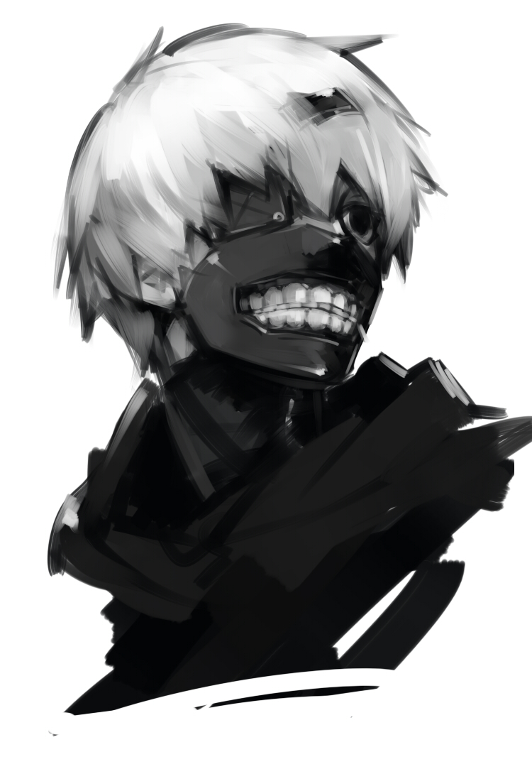 1boy black_eyes eyepatch face greyscale kaneki_ken male_focus mask monochrome one_eye_covered shiromi_(ringo) simple_background solo tokyo_ghoul white_background