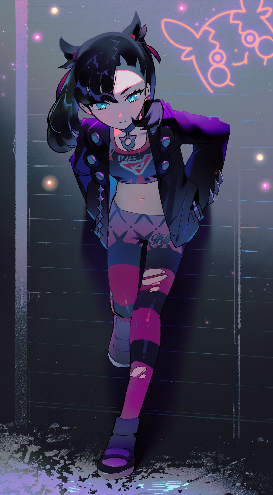 1girl against_wall asymmetrical_bangs asymmetrical_hair bangs black_hair black_jacket blue_eyes choker ear_piercing graffiti hair_ribbon hands_in_pockets highres jacket jewelry km_(ksolee1201) leaning_forward mary_(pokemon) midriff morpeko multicolored multicolored_clothes multicolored_legwear navel necklace pantyhose piercing pokemon pokemon_(game) pokemon_swsh ribbon solo tank_top torn_clothes torn_legwear undercut