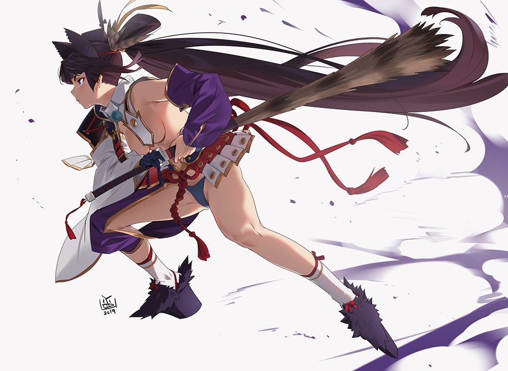 1girl armor bangs bare_shoulders black_hair blue_eyes blue_gloves blue_panties breasts closed_mouth detached_sleeves drawing_sword fate/grand_order fate_(series) feathers full_body gloves hair_feathers japanese_armor katana long_hair medium_breasts mismatched_sleeves panties parted_bangs profile rope sheath side_ponytail sideboob simple_background socks solo sword underwear ushiwakamaru_(fate/grand_order) very_long_hair weapon white_background wide_sleeves yang-do