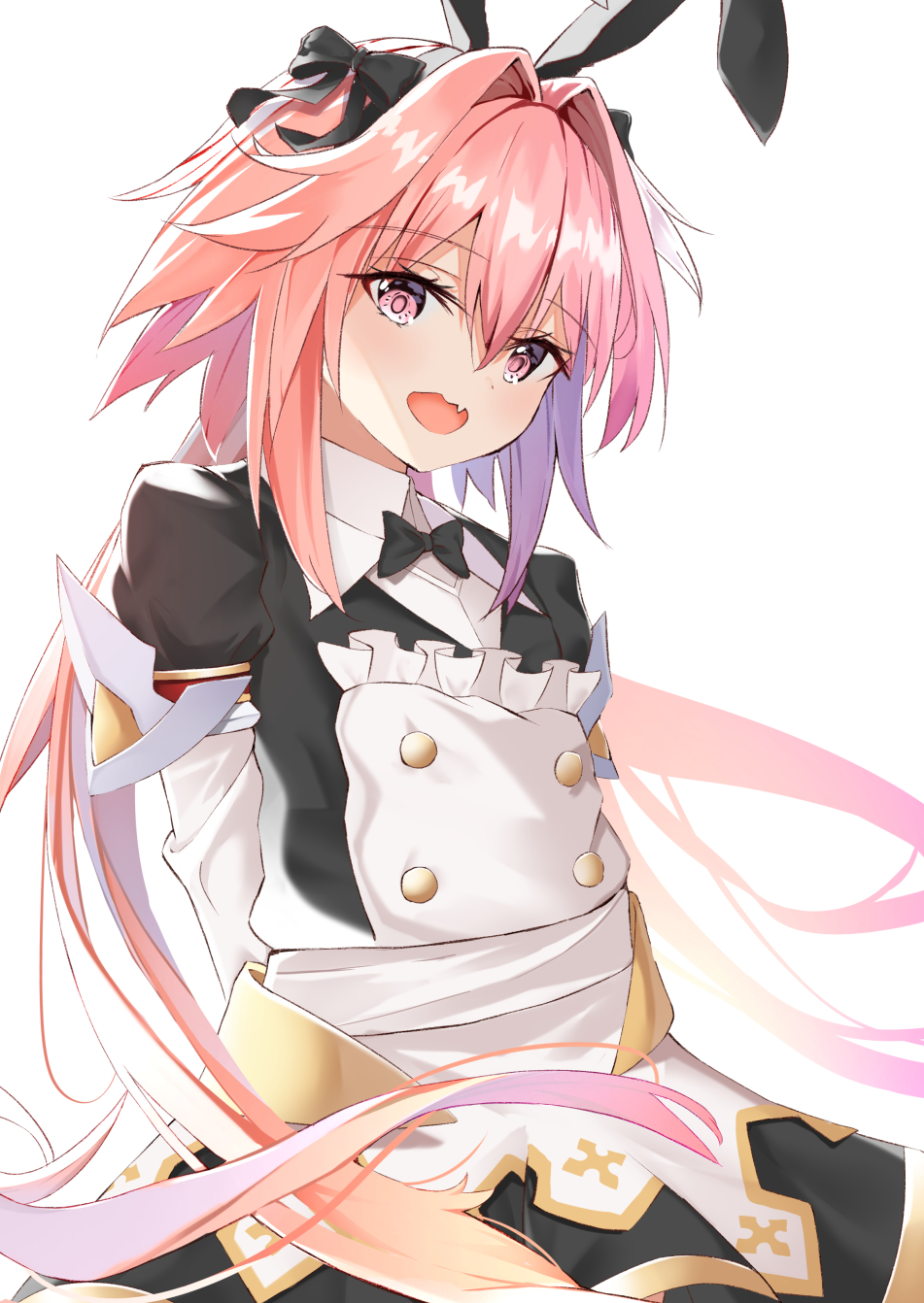 1boy astolfo_(fate) astolfo_(saber)_(fate) bangs black_bow black_ribbon blush bow bowtie commentary_request dress eyebrows_visible_through_hair fang fate/grand_order fate_(series) hair_between_eyes hair_bow hair_intakes hair_ribbon highres hikashou long_hair long_sleeves looking_at_viewer multicolored_hair otoko_no_ko pink_hair ribbon simple_background skin_fang solo streaked_hair twintails violet_eyes white_background white_hair
