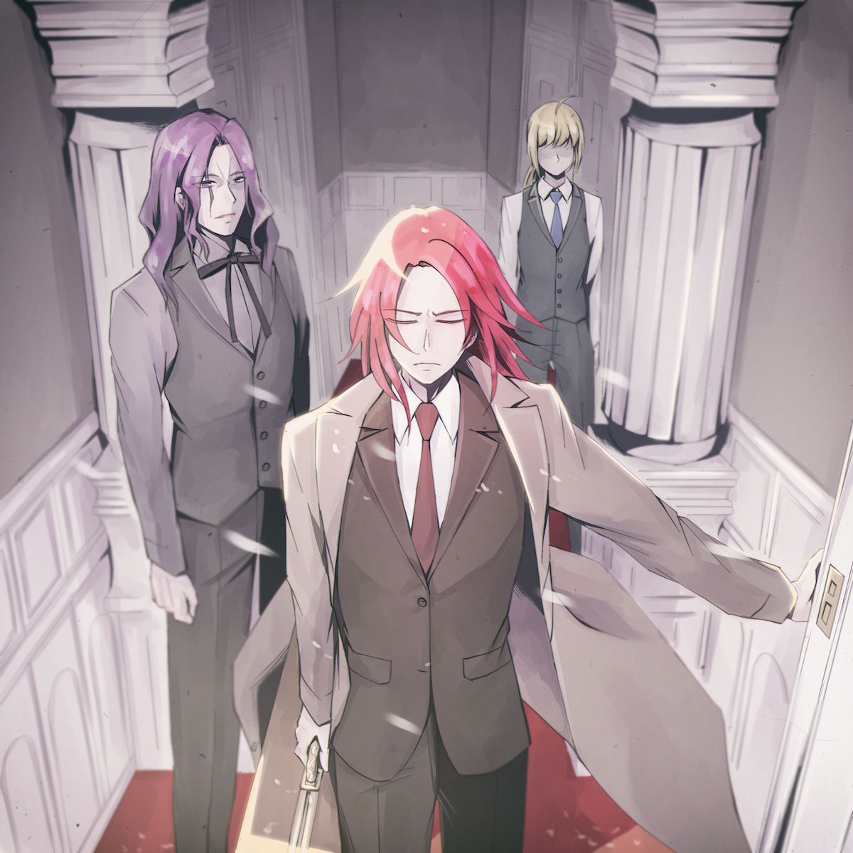 1girl 2boys arms_at_sides artoria_pendragon_(all) blonde_hair briefcase character_request column fate/grand_order fate_(series) formal grey_background highres long_hair looking_at_viewer multiple_boys necktie pants pillar purple_hair red_neckwear redhead saber suit tsushima_touko vest wainscoting