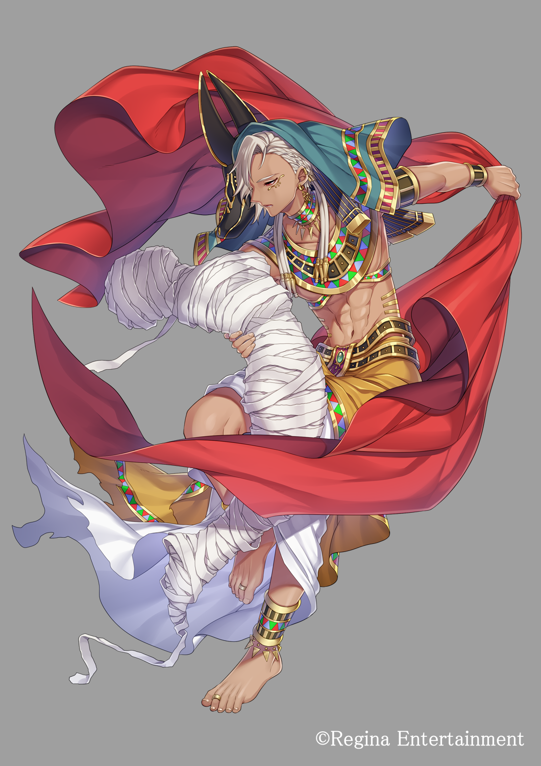 1boy 1girl abs bandages barefoot breasts collarbone commentary_request egyptian_clothes face_mask grey_background grey_hair highres holding holding_another jewelry mask mask_removed medium_breasts mummy navel official_art original short_hair simple_background tagme takamiya_ren toe_ring