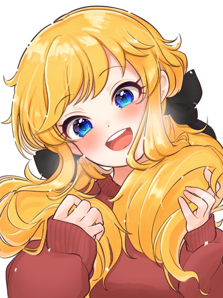 1girl bangs black_bow blue_eyes bow commentary_request eyebrows_visible_through_hair face hair_bow harapeco idolmaster idolmaster_cinderella_girls long_sleeves ootsuki_yui red_sweater sleeves_past_wrists smile solo sweater twintails upper_teeth