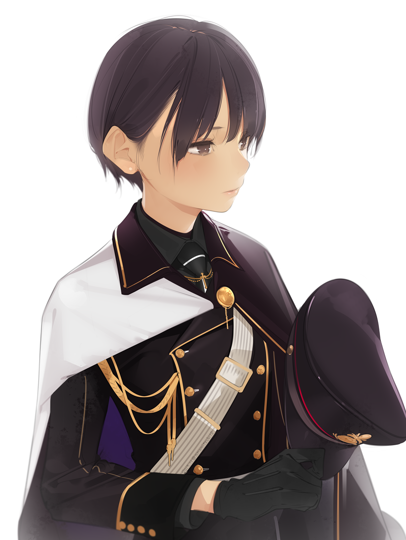 1girl aiguillette ama_mitsuki androgynous bangs black_gloves black_hair black_headwear black_neckwear black_shirt brown_eyes cape closed_mouth commentary_request cross double-breasted gloves hair_behind_ear hat hat_removed headwear_removed holding holding_hat lips long_sleeves looking_away lt military military_uniform necktie original peaked_cap shirt short_hair simple_background solo uniform upper_body white_background
