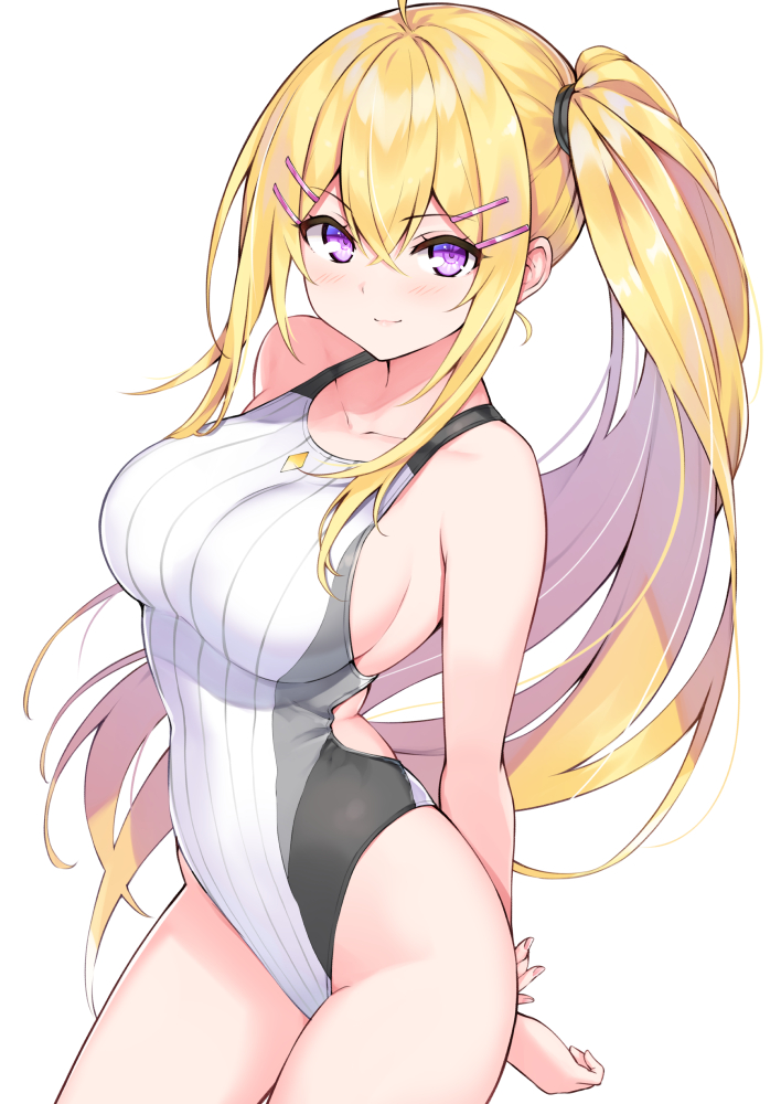 1girl arms_behind_back bangs bare_arms bare_shoulders blonde_hair blush breasts closed_mouth commentary_request competition_swimsuit cowboy_shot cu-no eyebrows_visible_through_hair groin hair_between_eyes hair_ornament hairclip hakurei_botan hisenkaede large_breasts long_hair looking_at_viewer one-piece_swimsuit side_ponytail simple_background smile solo striped swimsuit vertical_stripes very_long_hair violet_eyes white_background white_swimsuit