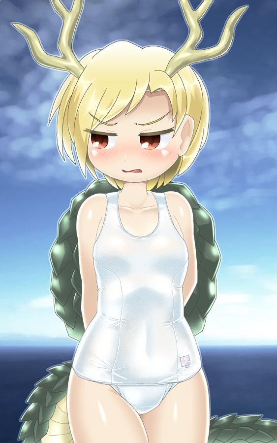 blonde_hair brown_eyes dragon_horns dragon_tail embarrassed eyebrows_visible_through_hair horns kicchou_yachie open_mouth school_swimsuit swimsuit tail touhou turtle_shell white_swimsuit winn