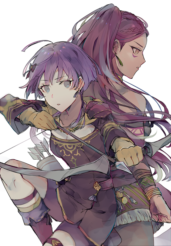 2girls arrow bernadetta_von_varley bike_shorts bow_(weapon) bracelet dress earrings fire_emblem fire_emblem:_three_houses from_side gloves grey_eyes hair_ornament holding holding_arrow holding_bow_(weapon) holding_weapon jewelry kvlen long_hair long_sleeves multiple_girls parted_lips petra_macneary ponytail purple_hair quiver short_dress simple_background thigh_strap weapon white_background yellow_gloves