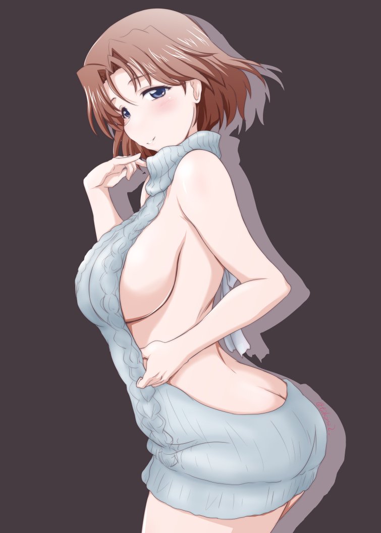 1girl adjusting_clothes aran_sweater arched_back azumi_(girls_und_panzer) backless_dress backless_outfit bare_back black_background blue_eyes blush breasts brown_hair butt_crack closed_mouth commentary dress finger_to_mouth from_behind girls_und_panzer grey_sweater hair_intakes half-closed_eyes halterneck looking_at_viewer looking_back meme_attire ribbed_sweater sideboob simple_background sleeveless sleeveless_turtleneck smile solo standing sweater sweater_dress turtleneck turtleneck_sweater virgin_killer_sweater yts_takana
