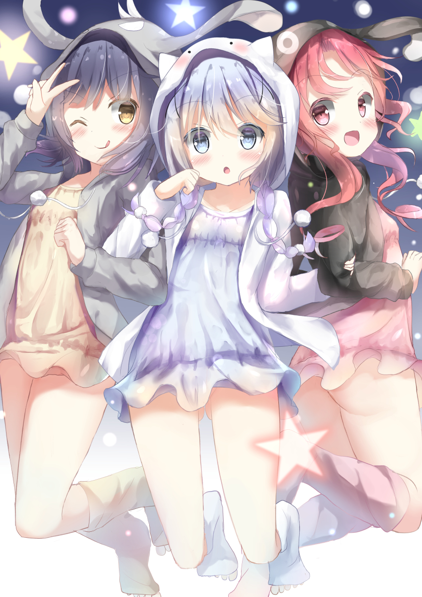 3girls :d :o ;q animal_ears animal_hood anko_(gochiusa) arm_up black_jacket blue_dress blue_eyes blue_hair blue_legwear blush braid brown_eyes bunny_hood character_hood chimame-tai closed_mouth commentary_request dress fake_animal_ears gochuumon_wa_usagi_desu_ka? grey_jacket hair_ornament highres hood hood_up hooded_jacket jacket jouga_maya kafuu_chino kneehighs locked_arms long_hair long_sleeves looking_at_viewer multiple_girls na!?_(naxtuyasai) natsu_megumi one_eye_closed open_clothes open_jacket open_mouth parted_lips pink_dress pink_legwear red_eyes redhead smile star tippy_(gochiusa) toeless_legwear tongue tongue_out twin_braids v white_jacket wild_geese x_hair_ornament yellow_dress yellow_legwear