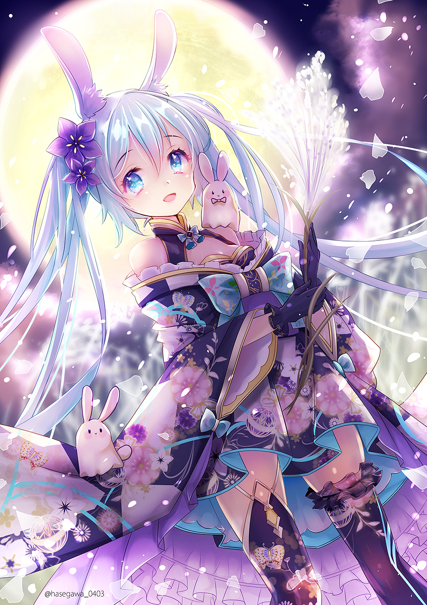 1girl animal_ears backlighting black_gloves blue_eyes blue_hair floral_print flower full_moon gloves hair_between_eyes hair_flower hair_ornament hane_segawa hatsune_miku highres japanese_clothes long_hair mismatched_legwear moon night open_mouth rabbit rabbit_ears thigh-highs twintails vocaloid