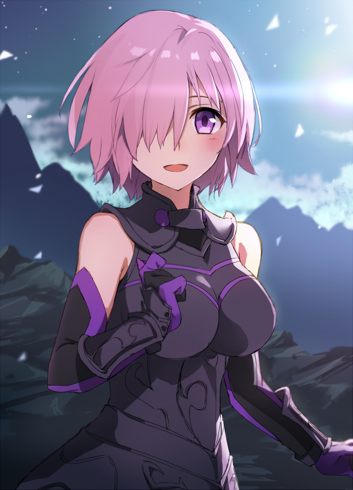 1girl :d arm_guards armored_leotard bangs bare_shoulders black_gloves black_leotard blue_sky blush breasts clouds commentary_request day eyebrows_visible_through_hair fate/grand_order fate_(series) gloves hair_over_one_eye large_breasts leotard mash_kyrielight mountain multicolored multicolored_clothes multicolored_gloves open_mouth outdoors pink_hair purple_gloves sky smile solo tsuedzu violet_eyes