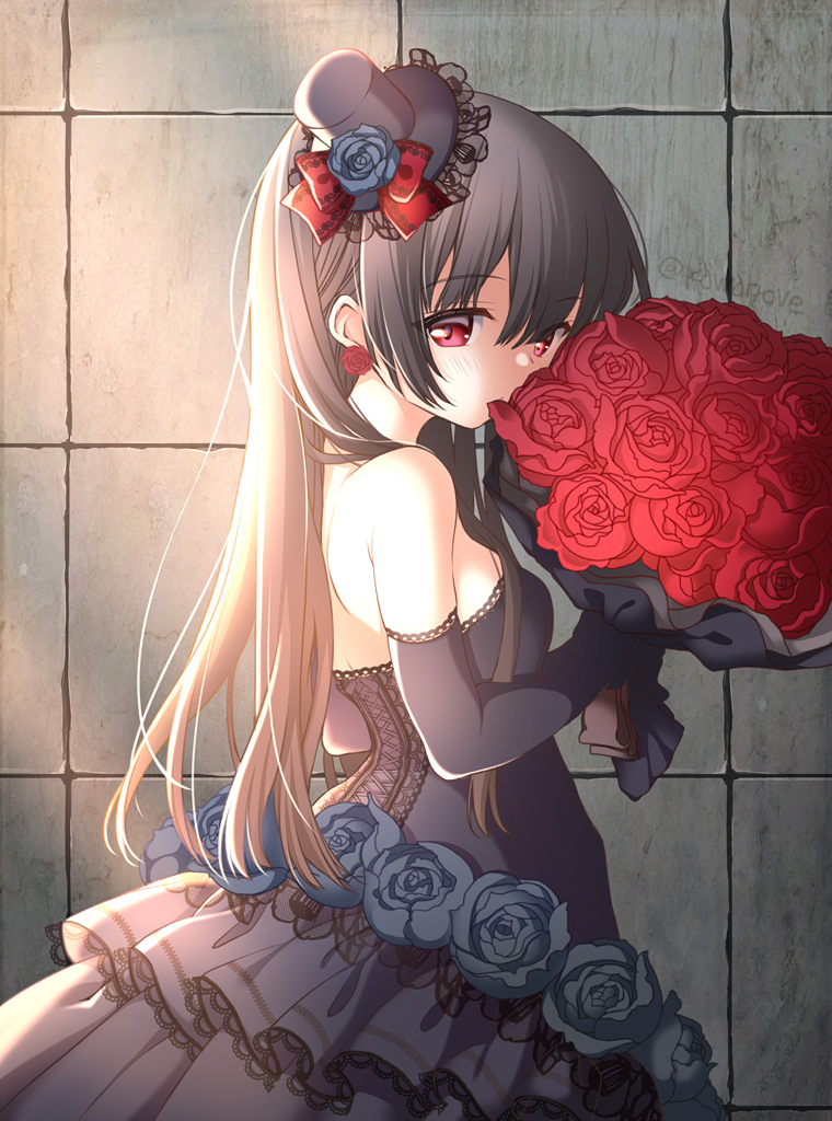 1girl artist_name bare_shoulders black_dress black_gloves black_headwear blush bouquet bow breasts dress earrings elbow_gloves flower frills gloves gothic_lolita hat hat_bow hat_flower holding holding_bouquet jewelry kawanobe lace lolita_fashion looking_at_viewer medium_breasts original red_bow red_eyes rose solo standing tilted_headwear