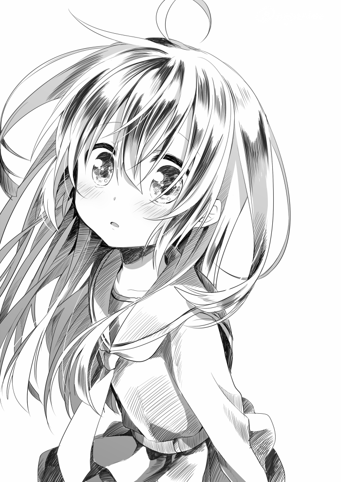1girl ahoge blush greyscale kantai_collection long_hair long_sleeves looking_at_viewer mikazuki_(kantai_collection) monochrome nagasioo necktie open_mouth sailor_collar school_uniform solo twitter_username upper_body white_background