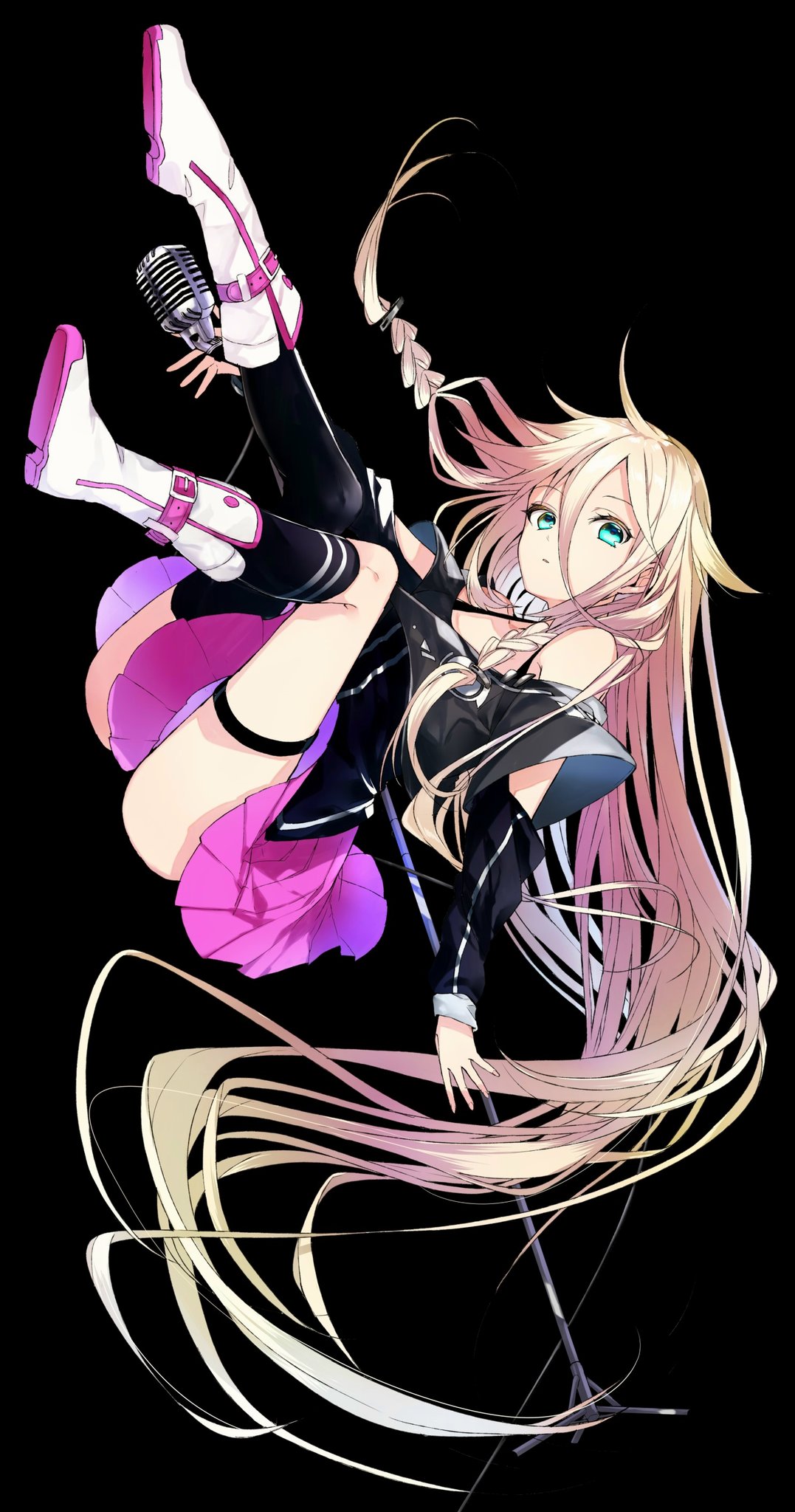 1girl aqua_eyes asymmetrical_legwear black_background black_legwear black_shirt boots braid cevio commentary dutch_angle expressionless floating full_body highres holding_microphone_stand ia_(vocaloid) kneehighs legs_up long_hair looking_at_viewer microphone microphone_stand miniskirt off-shoulder_shirt off_shoulder parted_lips pink_skirt platinum_blonde_hair pleated_skirt shirt skirt sogawa solo thigh_strap twin_braids very_long_hair vocaloid white_footwear