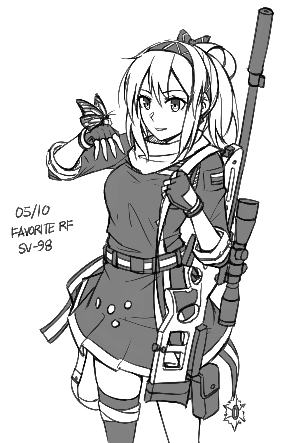 1girl animal animal_on_hand bangs belt bow bug butterfly butterfly_on_hand character_name eyebrows_visible_through_hair fingerless_gloves girls_frontline gloves greyscale gun hair_between_eyes hair_bow hand_up highres holding_strap insect jacket looking_away monochrome ndtwofives parted_lips rifle short_sleeves simple_background single_thighhigh skirt sniper_rifle sniper_scope solo sv-98 sv-98_(girls_frontline) thigh-highs weapon white_background
