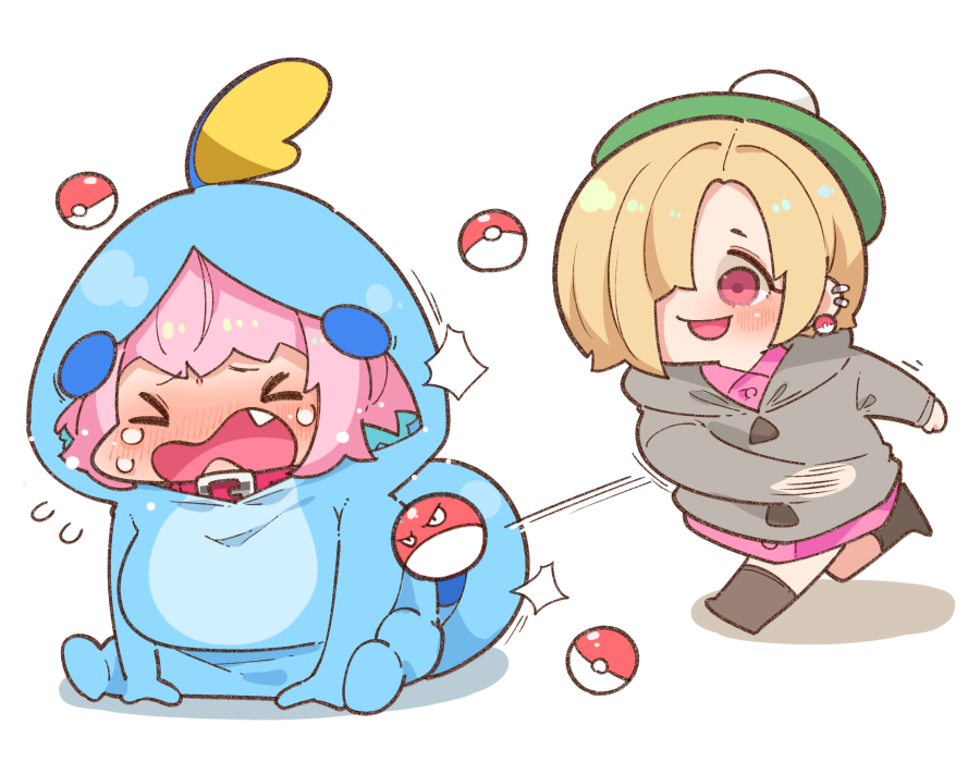 2girls blonde_hair blue_hair blush boots breasts chibi closed_eyes collared_dress commentary_request cosplay crossover crying dress ear_piercing earrings eyebrows_visible_through_hair fang gen_1_pokemon gen_8_pokemon green_headwear grey_sweater hair_intakes hat hood hood_down hood_up hooded_sweater idolmaster idolmaster_cinderella_girls jewelry large_breasts leg_up long_sleeves looking_at_another motion_lines multicolored_hair multiple_girls nose_blush open_mouth piercing pink_collar pink_dress pink_hair poke_ball poke_ball_(generic) poke_ball_earrings pokemon pokemon_(creature) pokemon_(game) pokemon_swsh red_eyes shadow shiny shiny_hair shirasaka_koume simple_background sitting sitting_on_floor smile sobble sobble_(cosplay) spread_legs standing standing_on_one_leg sweater takatoo_kurosuke tears throwing throwing_poke_ball two-tone_hair voltorb wavy_mouth white_background yumemi_riamu yuuri_(pokemon) yuuri_(pokemon)_(cosplay)