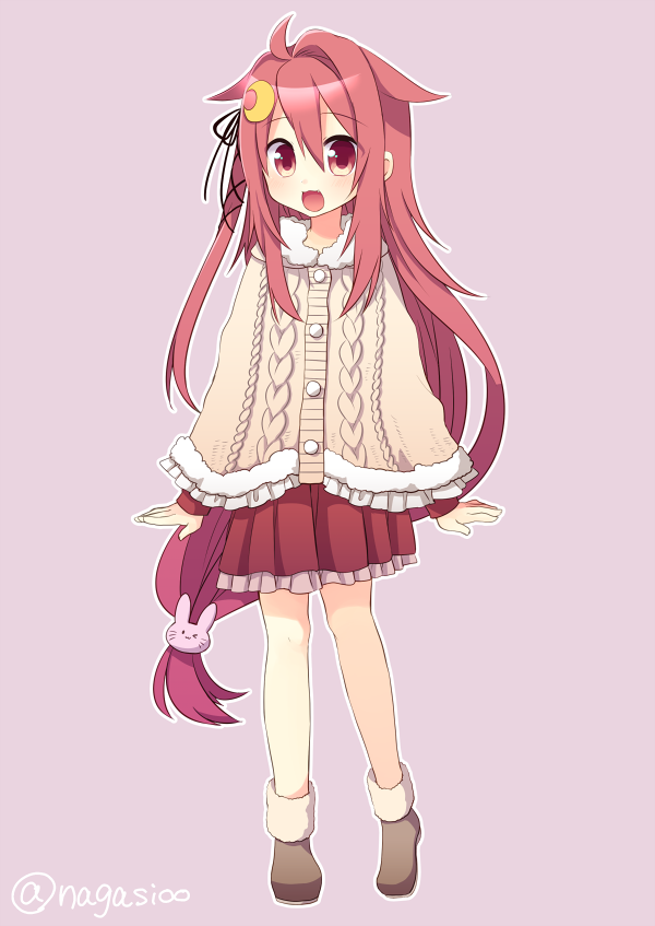 1girl :d ahoge alpha_signature alternate_costume aran_sweater bunny_hair_ornament casual crescent crescent_hair_ornament full_body fur_trim hair_flaps hair_ornament hair_ribbon kantai_collection long_hair low-tied_long_hair low_ponytail nagasioo open_mouth pink_background pleated_skirt red_eyes redhead ribbon skirt smile solo standing sweater twitter_username uzuki_(kantai_collection)