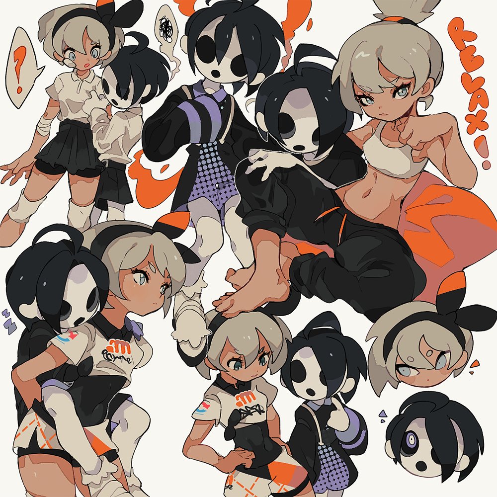 1boy 1girl ahoge black_hair blue_eyes bodysuit bodysuit_under_clothes carrying covered_navel dark_skin gloves grey_hair gym_leader hair_between_eyes hairband mask mem348 onion_(pokemon) piggyback poke_ball poke_ball_(generic) pokemon pokemon_(game) pokemon_swsh ponytail saitou_(pokemon) shirt short_hair short_sleeves shorts single_glove sitting tank_top