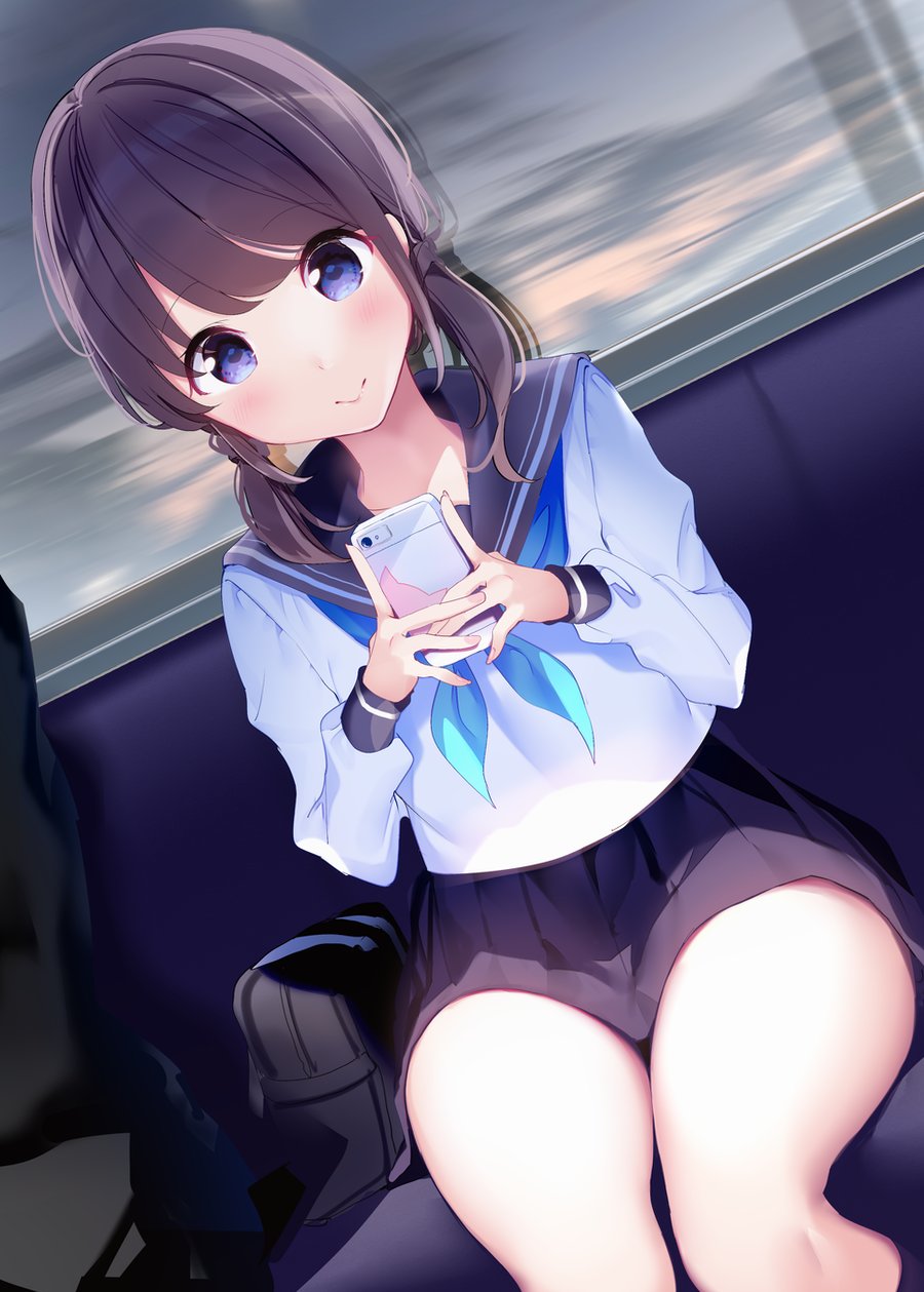 1girl bag bangs black_sailor_collar black_skirt blue_neckwear brown_hair cellphone chikuwa. closed_mouth commentary_request dutch_angle eyebrows_visible_through_hair feet_out_of_frame highres holding holding_cellphone holding_phone long_hair long_sleeves looking_away looking_down low_twintails motion_blur neckerchief original phone pleated_skirt sailor_collar school_bag school_uniform serafuku shirt sitting skirt sleeves_past_wrists smile solo_focus train_interior twintails white_shirt