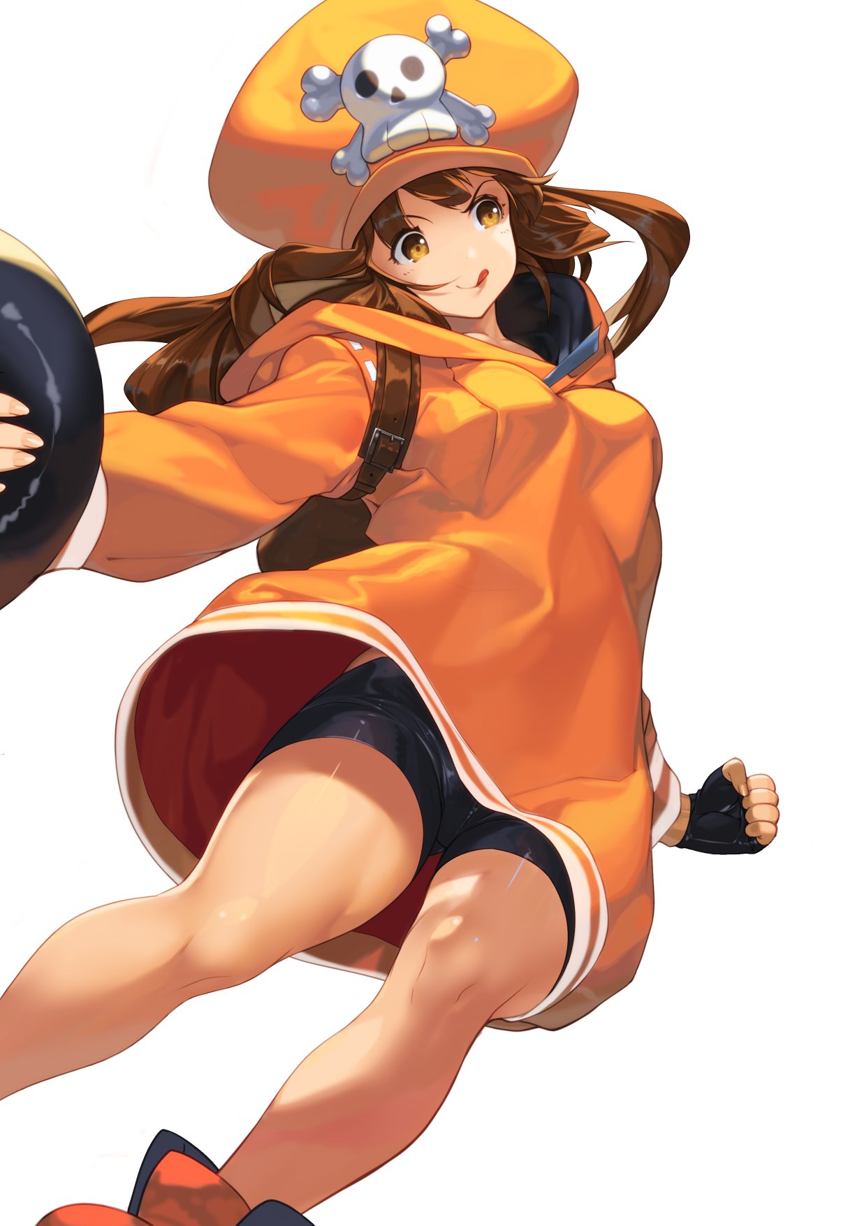 1girl akisa_(12023648) black_gloves blush brown_hair fingerless_gloves gloves guilty_gear guilty_gear_2020 guilty_gear_strive hat highres holding hood hood_down hoodie orange_eyes orange_footwear orange_headwear orange_hoodie short_shorts shorts simple_background skull solo tongue tongue_out