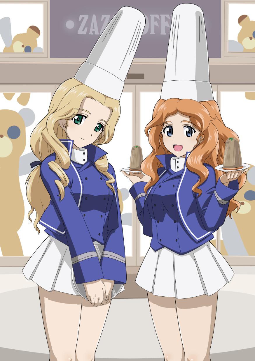2girls alternate_headwear bangs bc_freedom_military_uniform black_ribbon blonde_hair blue_eyes blue_jacket blue_vest cake chef_hat closed_mouth commentary dress_shirt drill_hair food girls_und_panzer hair_ribbon hat head_tilt high_collar highres holding holding_saucer holding_tray isabe_(girls_und_panzer) jacket long_hair long_sleeves looking_at_viewer low-tied_long_hair military military_uniform miniskirt mont_blanc_(food) multiple_girls nao_(nao_puku777) open_mouth orange_hair pleated_skirt ribbon shirt skirt smile sofue_(girls_und_panzer) standing stuffed_animal stuffed_toy teddy_bear tray uniform vest wavy_hair white_headwear white_shirt white_skirt