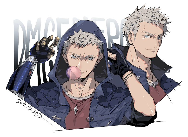 1boy adam's_apple black_gloves blue_coat blue_eyes chewing_gum coat dated devil_may_cry devil_may_cry_5 fingerless_gloves gloves hood hood_up jewelry kinako_(462) male_focus mechanical_arm necklace nero_(devil_may_cry) padded_coat red_shirt shirt signature sleeves_rolled_up smile solo white_hair